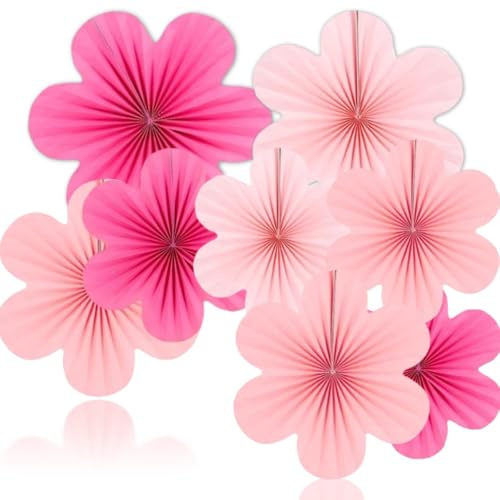 CUEMOON 9 Stück Papier Fächer Dekoration, Papierblumen zum Aufhängen Rosa Blumen Papier Party Deko Set für Hochzeit Geburtstag Tea Party Tischdeko Classroom Kirschblüten (Rosa)
