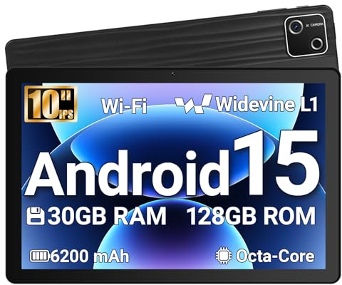 Vekoy Tablet 10 Pollici Android 15 Certificato GMS, 30GB RAM + 128GB ROM (2TB TF), Octa-Core, 6200mAh, 1280x800 HD, WiFi 6, BT 5.3, Widevine L1, Fotocamera 5MP+8MP, Tablet PC, Nero – 2026