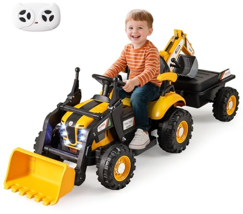 COSTWAY 12V Tracteur Électrique Enfant avec Pelle & Godet Réglables & Remorque Amovible, Tractopelle à Pédales avec Volant Musique Lumières Télécommande, 1,7-4,2 km/h, 3-8 Ans(Jaune)
