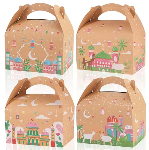 DPKOW 12 Stück Ramadan Eid Geschenktüten Süßigkeitenboxen, Leckereien Boxen für Eid Ramadan Partygeschenk Süßigkeiten Kekse, Islamische Muster Kraftpapier Tüten Boxen für Eid-al-Adha Umrah Hajj