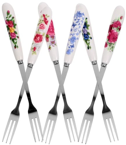 BESPORTBLE Forchette da Dessert in Acciaio Inox Manico in Ceramica Colorata Set da 6 Pezzi Multifunzione per Torta e Frutta Accessori Portatili per Feste e Forniture Dolciaria
