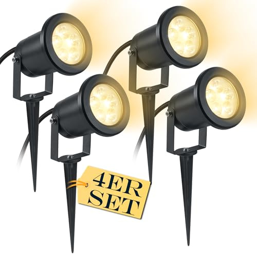 Suusolny Set di 4 luci LED da giardino da 3 W, IP65, impermeabili, da giardino, luce bianca calda, con cavo da 1,5 m, per esterni, con picchetto, faro da giardino, senza spina per terrazza e prato