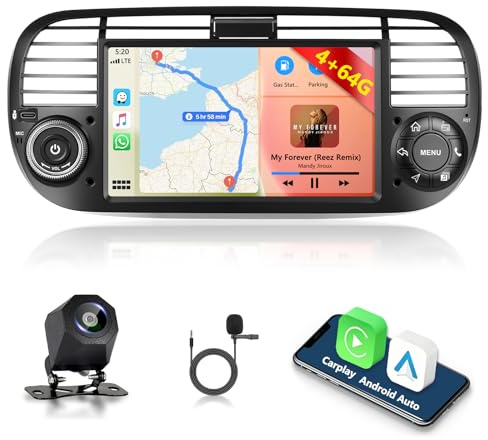 Motorsi 4GB + 64GB Carplay Autoradio per Fiat 500 2007-2015 con Wireless Android Auto, 7 Pollici Touchscreen, GPS Navigation, WiFi, FM/RDS Radio, SWC, Canbus, Bluetooth, EQ, USB +AHD Camera