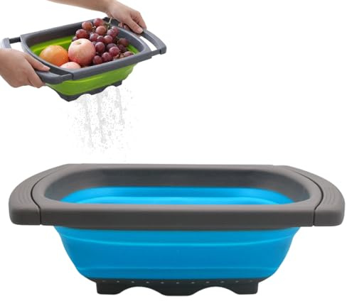 6 Quart Collapsible Colander Strainer, XL Large Over The Sink Vegetable Pasta Strainer, Collapsible Colander Strainer for Fruit Berries, Colanders with Handles up to 61cm for Kitchen (Blue)