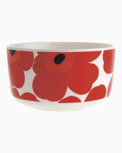 MARIMEKKO Oiva Unikko mittelgroße Schüssel, verfeinern Sie Ihre Küchendekoration mit unserem ikonischen floralen Geschirr, rote und weiße Suppen-/Salat-Servierschüssel, Dessertschalen, um Ihr