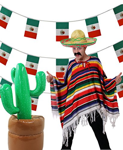 Mexican Party Bundle - Large Sombrero + Multicoloured Poncho + Mexican Flag Bunting + Inflatable Cactus by Ilovefancydress® Ideal for Cinco De Mayo, Mardi Gras,