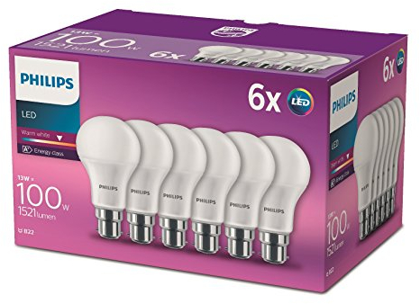 Philips LED Classic B22 Lampe, 100 W, A60, matt, warmweiß, 6er Pack, Weiß