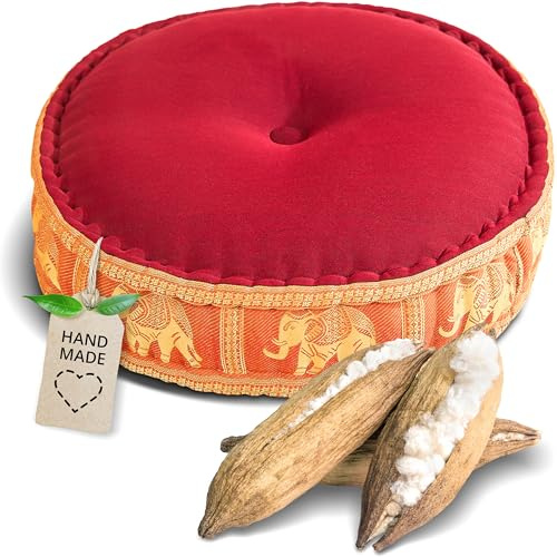 livasia Meditationskissen mit Thaiseide - Ø 45x15cm - Yogakissen mit Kapok, Pouf, Bodenkissen für Yoga und Zen Meditation, Sitzkissen für Garten und Balkon, Zafukissen (Rot/Orange/Elefanten Seide)