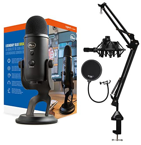 Blue Yeti Mikrofon (Blackout) mit Knox Boom Arm Ständer, Pop-Filter und Shock Mount Bundle, USB