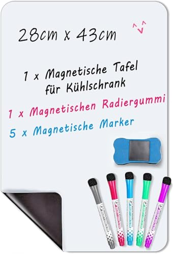 INMORVEN Whiteboard Folie Magnetisch für Kühlschrank – Selbstklebende Tafel mit 5 Markern & Schwamm (28x43cm) für Wochenplaner & Notizen Technologie
