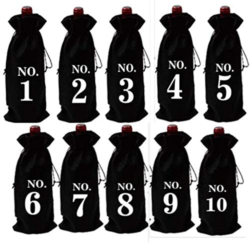 FülleMore 10 Stück Kordelzug Weinbeutel Blindverkostung Weinflasche Jutebeutel Sackleinen Geschenkbeutel Geschenktüten Weinprobe 1-10 Zahlen Flaschentüten Jutesäckchen 35x15cm (Schwarz)