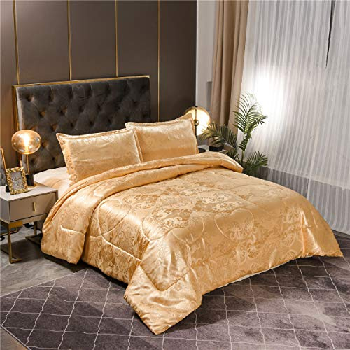 Raytrue-X Queen Comforter Set- Luxury Gold Silk Bed Set All Season Lightweight Quilt Soft Microfiber Bedding comforters & Sets Matching 2 Pillow Shams (Full/Queen, 3 Pieces, 88-by-88 inches)
