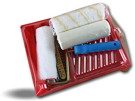 Ensemble à peindre écoresponsable | Bac plat rouge + 3 recharges | 1 monture 180 mm | 1 manchon anti-goutte polyamide | 2 manchons polyester (1 poils courts + 1 longs) | Kibros BACMMBV180