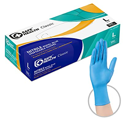 Safe Health Nitrile Disposable Gloves Large Latex Free, Powder Free, Textured, 3.5 mil, Industrial, Food Safe, Janitorial, Tattoo, Law Enforcement, Pet Care, Service, Cleaning, L Blue (Box of 100)