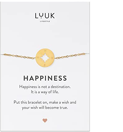 LUUK LIFESTYLE Moderne Edelstahl Damen Armbänder mit Anhänger, HAPPINESS Spruchkarte, filigraner Damenschmuck, Geschenkidee, Glücksbringer, Gold, Silber und Roségold