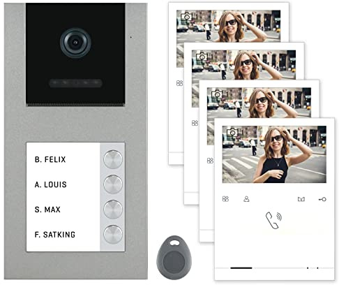 Nonic Balter EVO Video RFID Türsprechanlage Aufputz ✓ 4,3 Zoll Monitor ✓ 2-Draht Bus mit RFID ✓ Set für 4 Familienhaus Türklingel ✓ 120° Weitwinkel Kamera