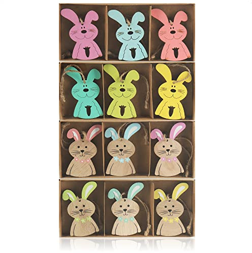 COM-FOUR® 12x Coniglietto pasquale - coniglietti di legno colorati da appendere - ciondoli in legno per decorare - decorazioni pasquali (12 pezzi - conigli colorati)