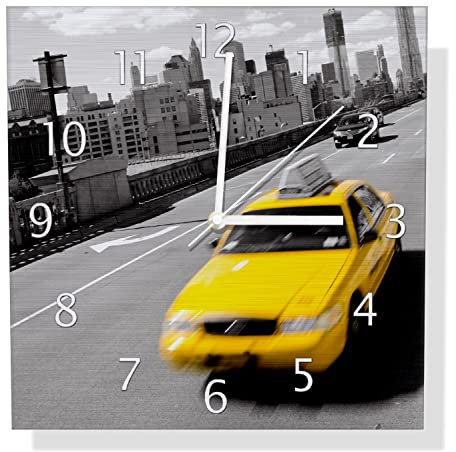Wallario Design Wanduhr New York Yellow Taxi II aus Aluverbund, Alu-Uhr Größe 30 x 30 cm, weiße Zeiger mit Metalloptik