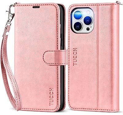 TUCCH Étui Portefeuille pour iPhone 13 Pro Max, Rose Pâle avec Dragonne