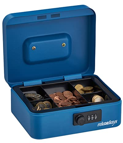 Relaxdays Geldkassette, 3-stellige Zahlenkombination, Stahl, Geldkasse für Münzen & Scheine, HBT: 8,5 x 20 x 17 cm, blau