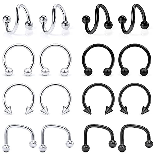 Hoeudjo 16g Lip Rings Stainless Steel Snake Bite Piercing Jewelry Labret Jewelry Medusa Piercing Jewelry Spiral Barbell Helix Tragus Earrings Hoop Horseshoe Septum Ring Cartilage Piercings 8mm