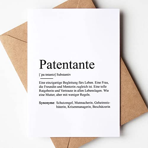 KAMEWI® Grußkarte PATENTANTE Definition | Klappkarte mit Briefumschlag aus Kraftpapier | Verkündung Geschenk Ankündigung Baby Schwangerschaft Vorfreude Taufpatin Patin Bedanken Taufe