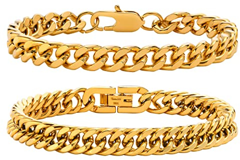Gamtic Herren Armband Edelstahl Panzerkette Armbänder | 2 Stücke Kubanische Armband für Männer, 8mm Breite, 19/21/23cm Länge, Geschenke für Mann Papa Sohn Freund Ehemann