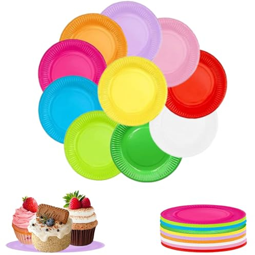 PTBWS 100 Stück Party Pappteller,DIY Bunt Pappteller,Geschirr Set Einwegteller,für Feste und Feiern wie Geburtstag oder Grillabend