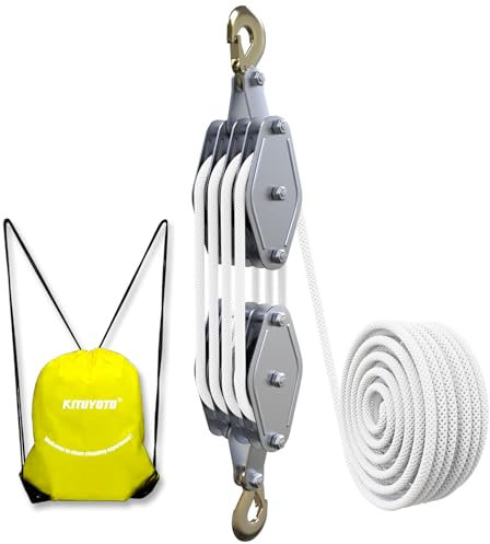 KITUYOTO Block and Tackle Pulley System 4400 LBS Breaking Strength, 1100 LBS Work Load Pulley System for Lifting, 7:1 Lifting Power, 65 Feet 3/8 Rope Hoist, Heavy-Duty Pulley Hoist