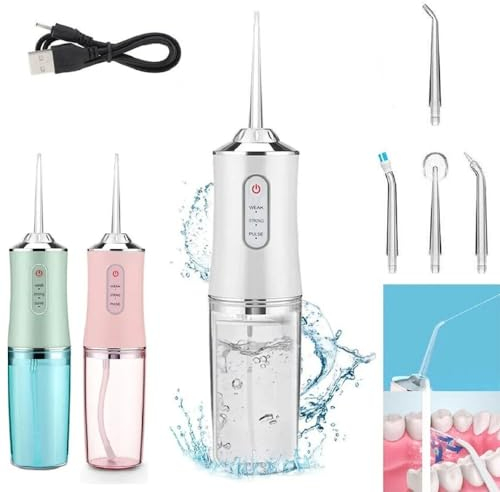 220ml Electric Oral Irrigator Cordless,USB Rechargeable Dental Water Flosser with 4 Nozzles and 3 Pressure Modes,Teeth Cleaning and Whitening 4 Jet Tip IPX7 Waterproof Teeth Cleaner (White)