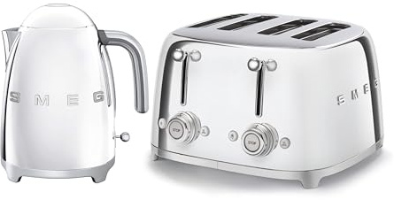 Smeg 50’s Style Retro Range Breakfast Set, 1.7L 3000W Kettle and Multi-Functional Control 4-Slice 2000W Toaster, Polished Stainless Steel, KLF03SSUK/ TSF03SSUK