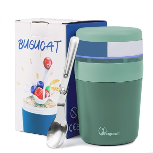 Bugucat Tazza Yogurt to Go, Tazze Cereali 500ML+150ML, Portatile Cucchiaio Tazza Contenitore Yogurt con Cucchiaio, Plastica Tazze Cereali, Yogurt Frutta Contenitore, Tazza di Muesli To Go, Verde