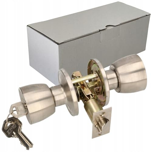 HUW Türknauf mit Schloss Metall Drehknauf Zylinder Verrriegelung Rund Türgriff Drehbar Lock Griffschloss Mit 3 Schlüssel Rosette Einsteckschloss (Satin)