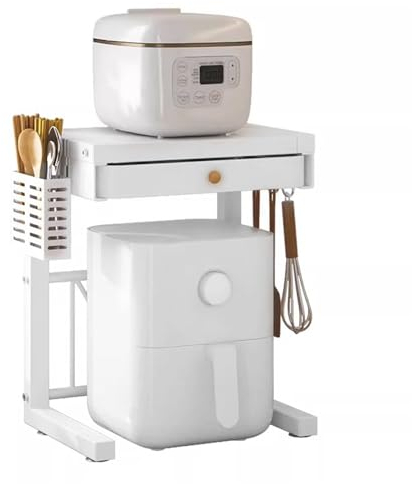 Estantería de almacenamiento para freidoras de aire, estante de cocina, estante de almacenamiento multifuncional para el hogar, con cajones y cestas y ganchos para pequeños electrodomésticos (blanco)