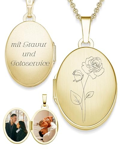 Amoonìc Damen Medaillon mit Geburtsblume oval Silber 925 / Gold vergoldet | Kette zum Öffnen für Bilder personalisiert mit Geburtsblumen Gravur, Geschenk Geburtstag