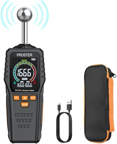 Proster Rechargeable Moisture Meter - Pinless Damp Meter for Walls with 2.4 inch Colour LCD Screen Sound Light Alarm Damp Detector Detects 5-40 mm Depth for Wood Building Cardboard Concrete