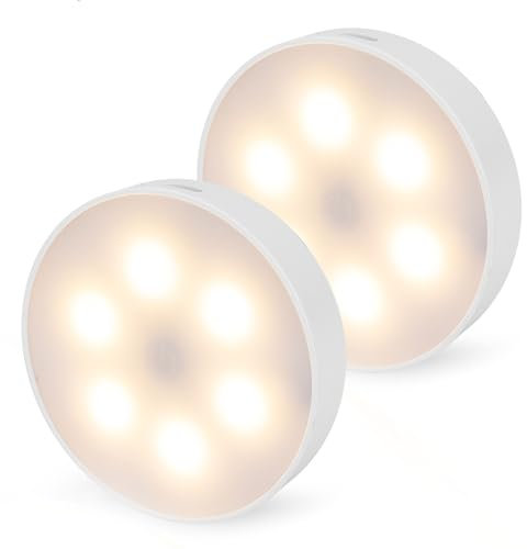Brendz Iluminación LED redonda para armario, control táctil, recargable por USB-C, regulable, magnética, 2 unidades, 3 temperaturas de color, lámpara LED con batería, iluminación de escaleras