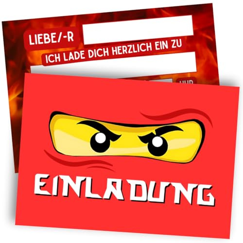 ZETTMANN® 12 Premium Einladungskarten Kindergeburtstag Junge - Karten Set mit Ninja Motiv - Einladungskarten Geburtstag - hochwertige Einladungskarten (Roter Ninja)