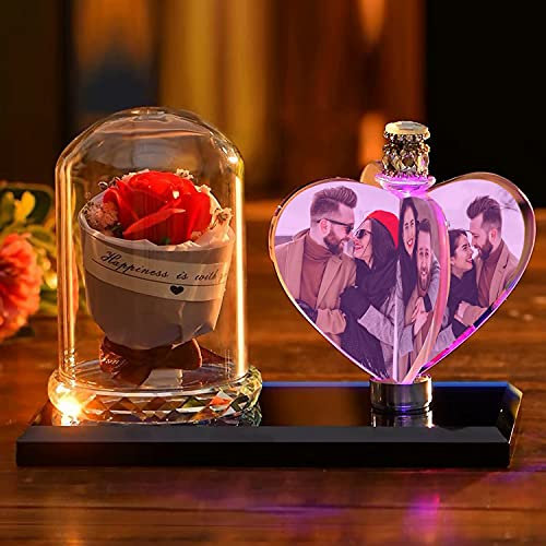 Impression en cristal personnalisée avec votre décoration de bureau photo avec cadre en verre transparent motif rose rouge (17,8 x 15,7 cm, cœur)