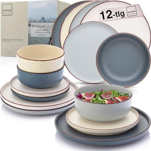 SÄNGER Bombay Moonlight | Porslinsset 12 delar, lergods porslin 4 personer, 4 x mattallrikar 4 x desserttallrikar, 4 x skålar, färgglada tallrikar | Fördelaktig kollektion