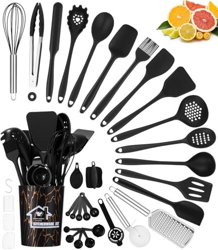 44 Piezas Utensilios Cocina de Silicona, Resistente al Calor Antiadherente, Juego de Utensilios de Cocina de Silicona,Apto para lavavajillas,Accesorios cocina,Juego de cubiertos con cubo(Negro)