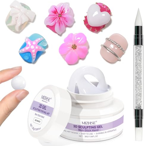 MIZHSE Vit 3D Skulptur Nagelgel, 3D Gel Nagelkonst för Modellering, Vit Skulptur Nagel lim Non-stick Hand, Strass lim för Nagelkonst Med Silikon Nagelborste, Gör-det-själv Manikyrverktyg 30G 1PC