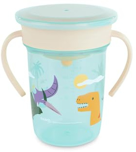 Miniland Sippy Cup 360 Jurassic - Vaso de Aprendizaje 270 ml Antiderrame | Sistema 360° sin Boquilla | Con Asas Ergonómicas y Tapa | Personalizable | Apto para Lavavajillas