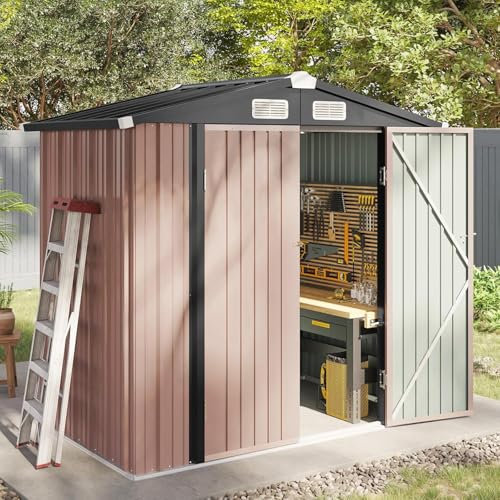Aoxun Garden Sheds 6x4ft, Metal Shed Bike Tool Shed, Sheds and Outdoor Storage with Lockable Doors & Slooping for Backyard, Patio, Poolside,Brown