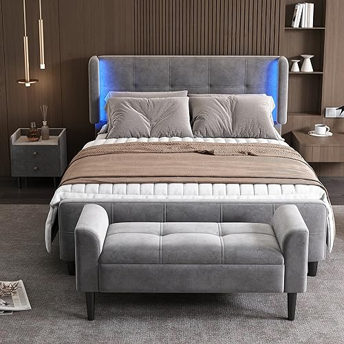 Soweiz Set completo per camera da letto, letto imbottito + 1 comodino + sgabello letto matrimoniale con 16 strisce luminose colorate sulle orecchie laterali, comodino con 2 cassetti, velluto, grigio