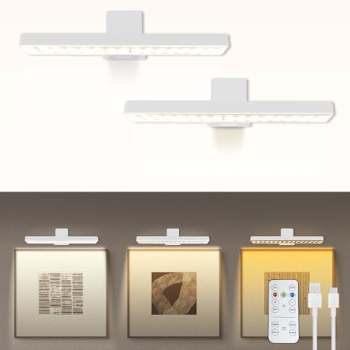 MIOBLUE 2-Pack Wiederaufladbare Bild Licht mit Fernbedienung: Drahtlose Batterie Wandleuchte für Gemälde, 3-Farben-Malerei-Licht (dimmbar, Timer), für Anzeige, Wand, Kunstwerk, Galerie