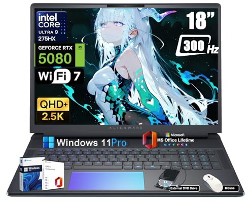 Alienware 18 Area-51 Ordenador portátil para juegos - Intel Ultra 9 275HX (24 núcleos, hasta 5,4 GHz), RTX 5080 GDDR7, 18 pulgadas 2,5 K QHD+ 300 Hz, con unidad de DVD, Win 11 Pro, duración de la