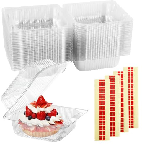 BONAVCY 100 Pieces Cake Slice Boxes for Cake Portions, 4 Inch Clear Square Individual Cupcake Dessert Containers with Sealing Stickers for Cakes, Muffins, Cheeses
