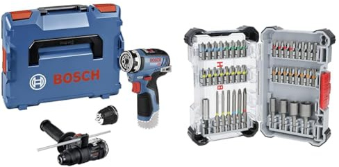 Bosch Professional 12V System Akku-Bohrschrauber GSR 12V-35 FC (inkl. 1 x Bohrhammeraufsatz, 1 x Bohrfutteraufsatz, Zusatzhandgriff) + 43x Extra Hard Schrauberbit-Set (197 x 110,5 mm, Zubehör)