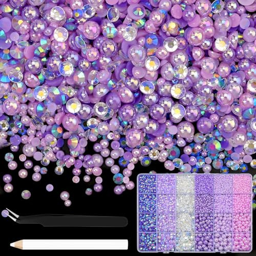 NACHLYNN 10000 Stück Strasssteinen Und Perlen Lila 3-8mm Bastelperlen Harz Rhinestones Set Kommt mit Schmuckstift und Pinzette Geeignet für Nagelkunst Kleidung Handgefertigte DIY Dekoration